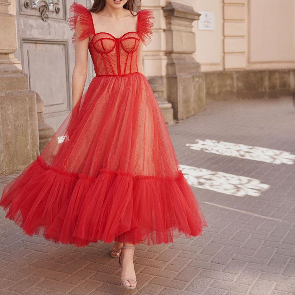 2023 Red Suspender A-Line Puffy Skirt Dress for Birthday and Performance