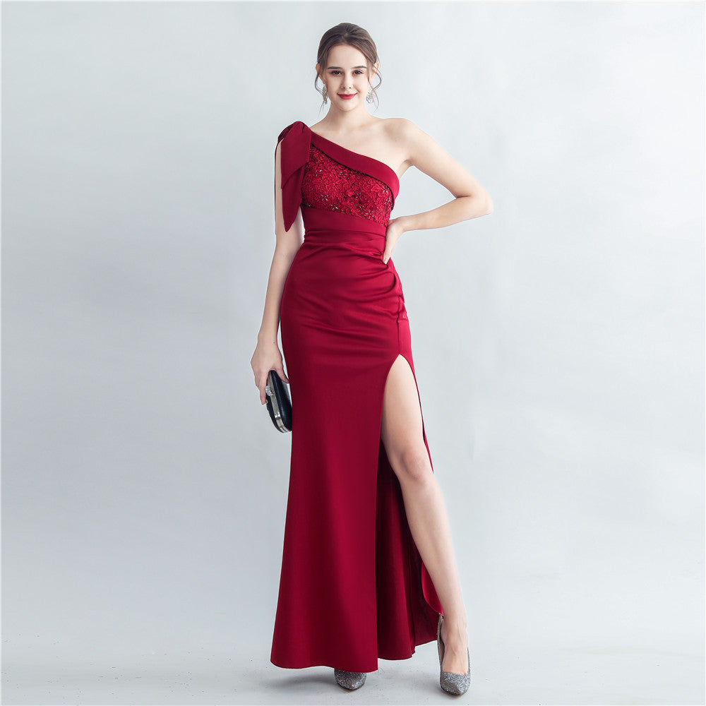Evening dress for women 2025, high-end celebrity, one-shoulder, side slit, annual meeting dress