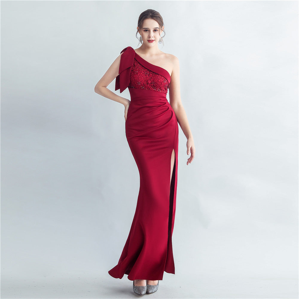 Evening dress for women 2025, high-end celebrity, one-shoulder, side slit, annual meeting dress