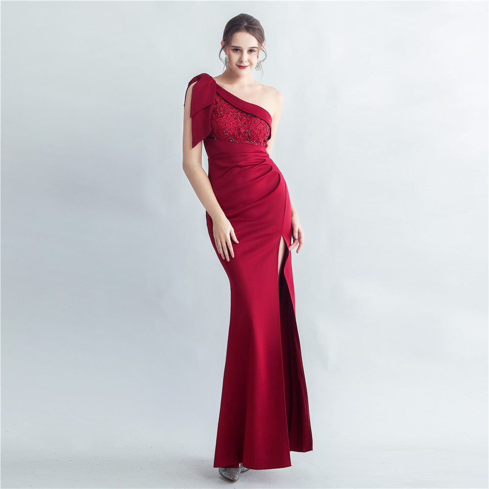 Evening dress for women 2025, high-end celebrity, one-shoulder, side slit, annual meeting dress