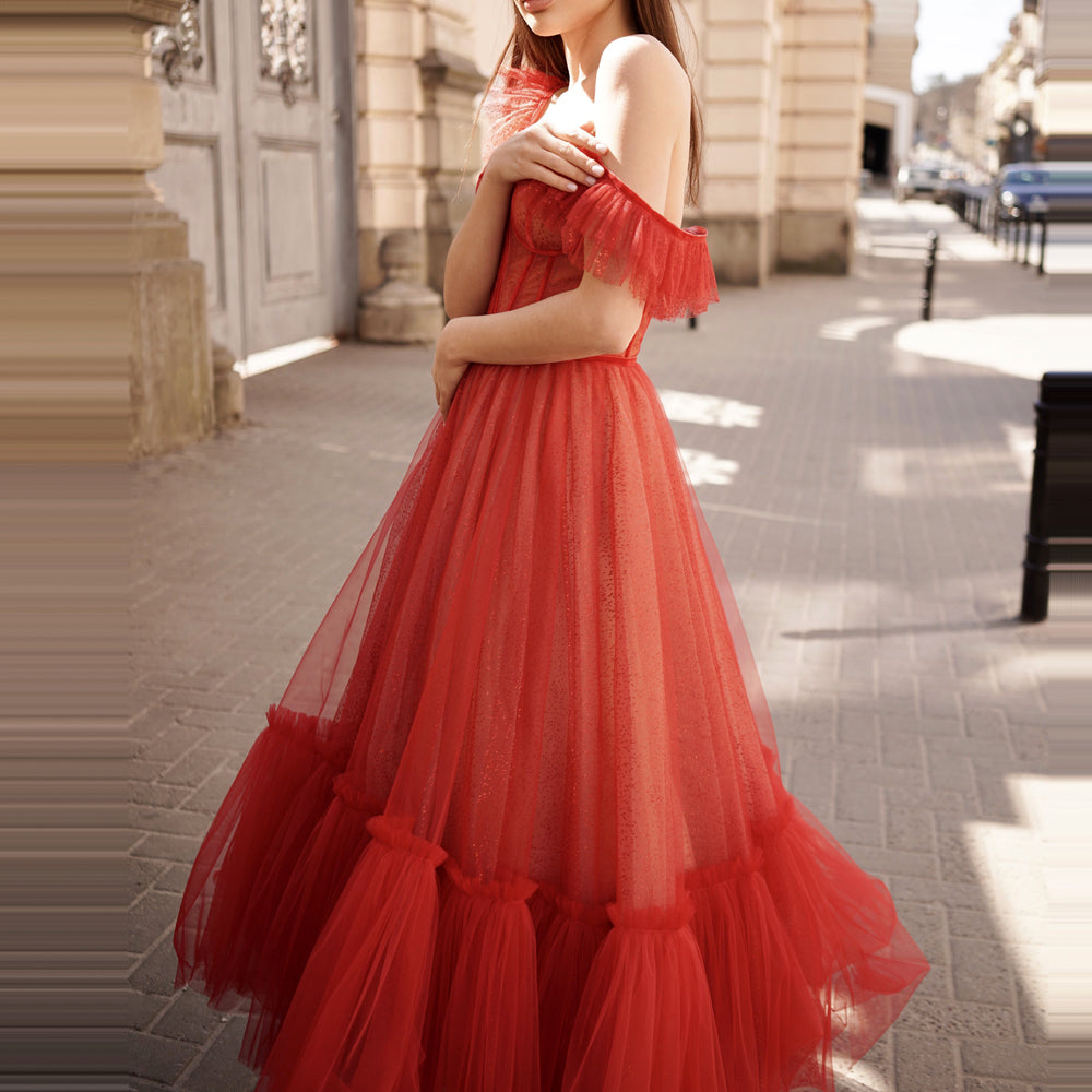 2023 Red Suspender A-Line Puffy Skirt Dress for Birthday and Performance