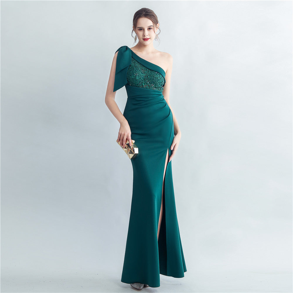 Evening dress for women 2025, high-end celebrity, one-shoulder, side slit, annual meeting dress