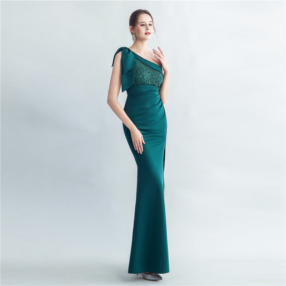 Evening dress for women 2025, high-end celebrity, one-shoulder, side slit, annual meeting dress