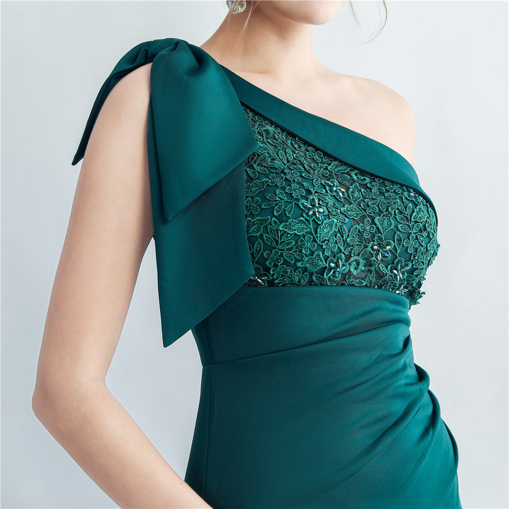 Evening dress for women 2025, high-end celebrity, one-shoulder, side slit, annual meeting dress