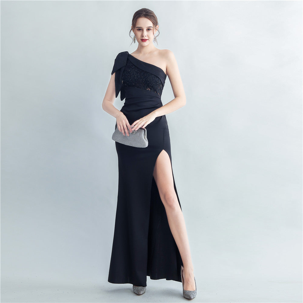 Evening dress for women 2025, high-end celebrity, one-shoulder, side slit, annual meeting dress