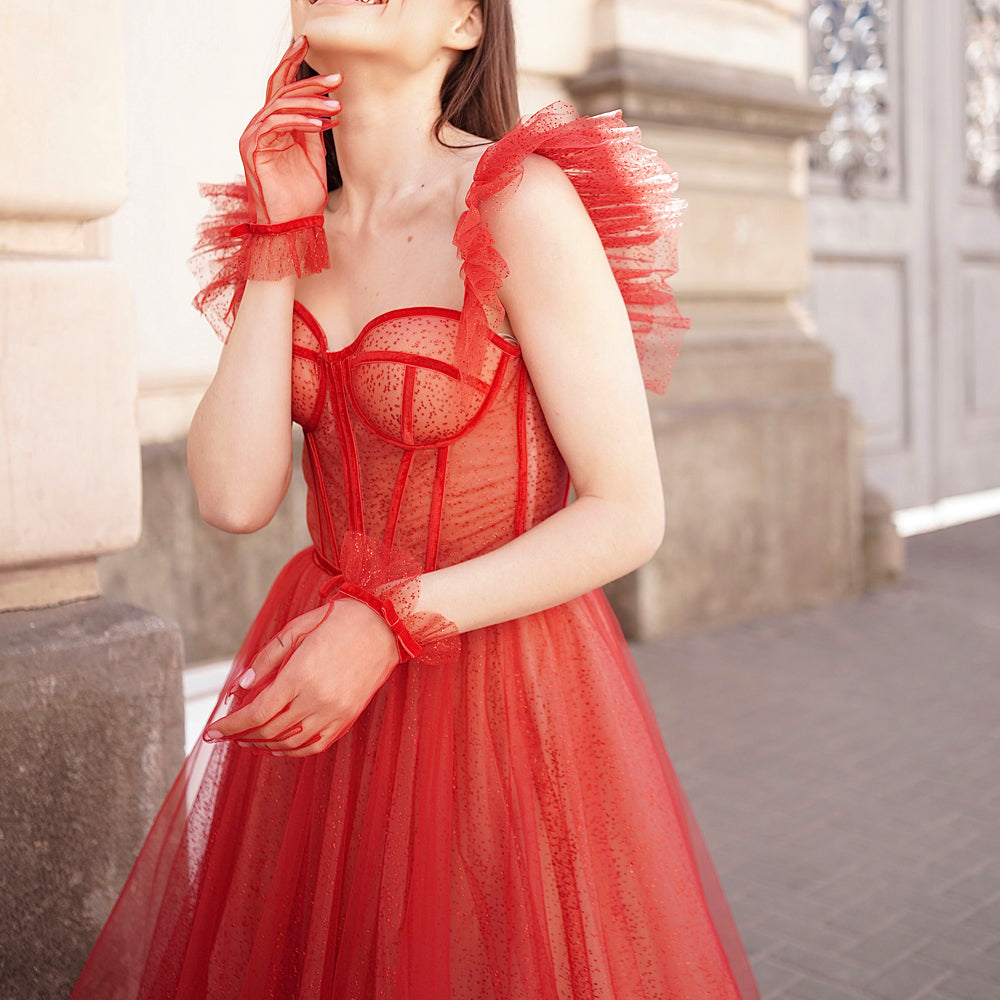 2023 Red Suspender A-Line Puffy Skirt Dress for Birthday and Performance