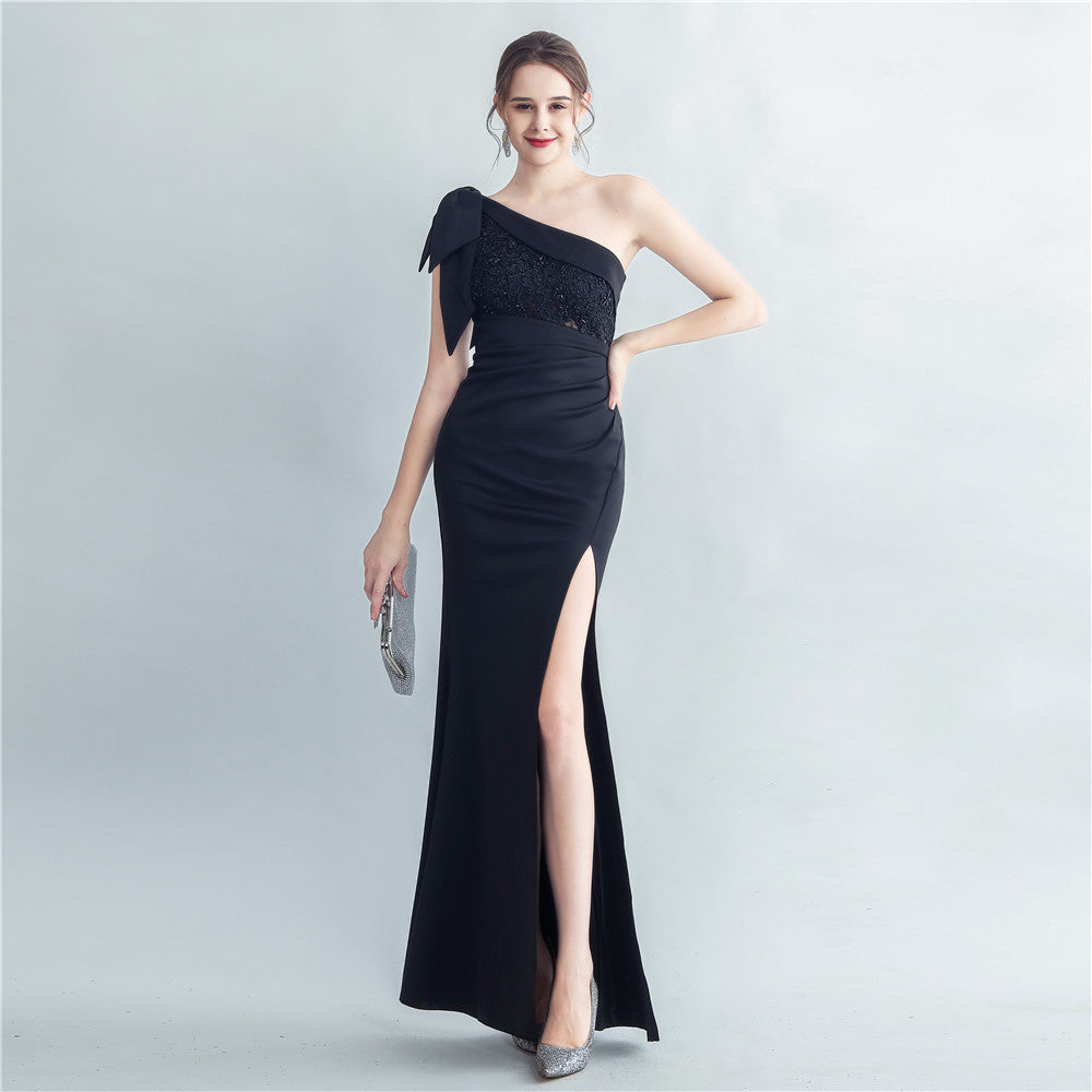 Evening dress for women 2025, high-end celebrity, one-shoulder, side slit, annual meeting dress