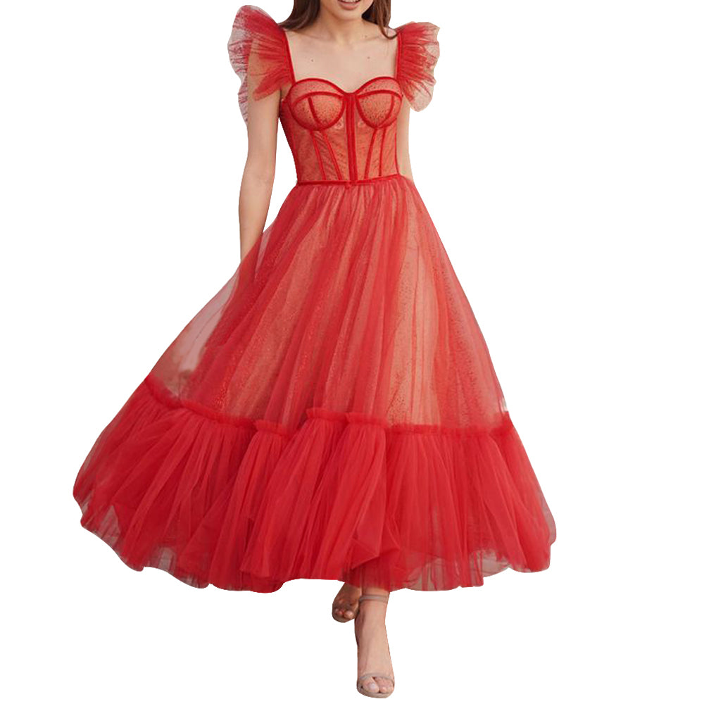 2023 Red Suspender A-Line Puffy Skirt Dress for Birthday and Performance