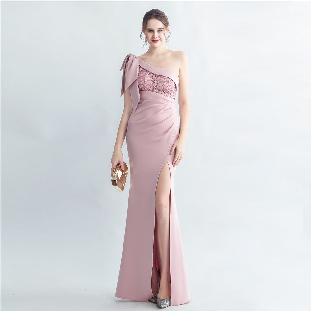 Evening dress for women 2025, high-end celebrity, one-shoulder, side slit, annual meeting dress