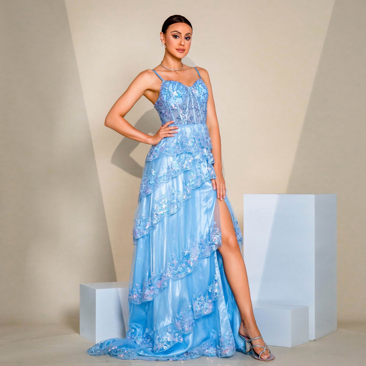 Spaghetti Strap Sequin Split Floor-Length Birthday Party Dress