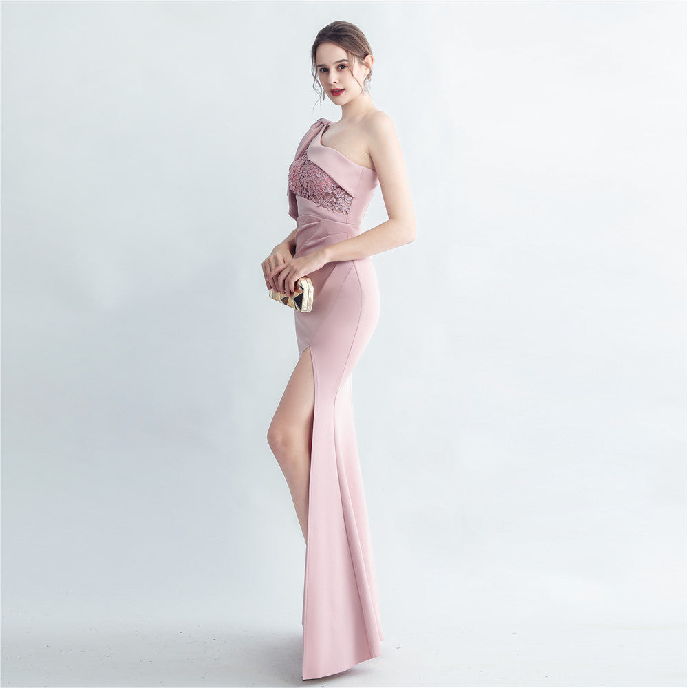 Evening dress for women 2025, high-end celebrity, one-shoulder, side slit, annual meeting dress