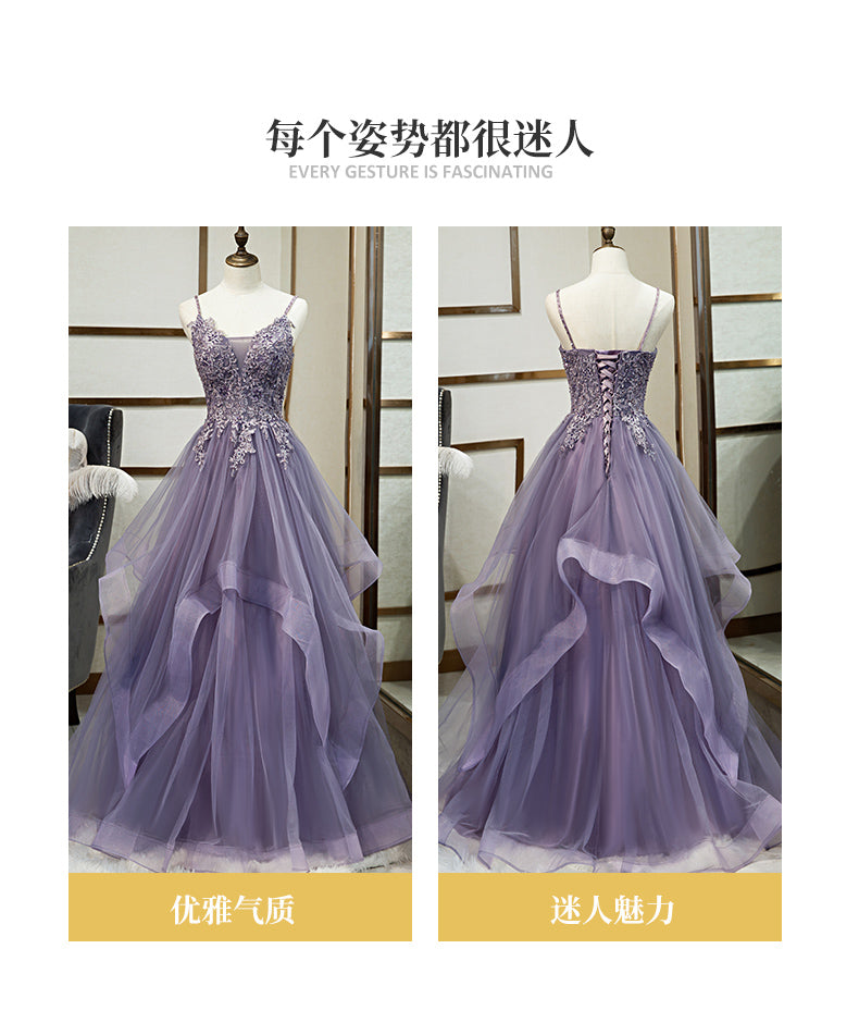 High-End Purple Sling Evening Dress with Fairy Yarn Skirt for Banquet and Host Events