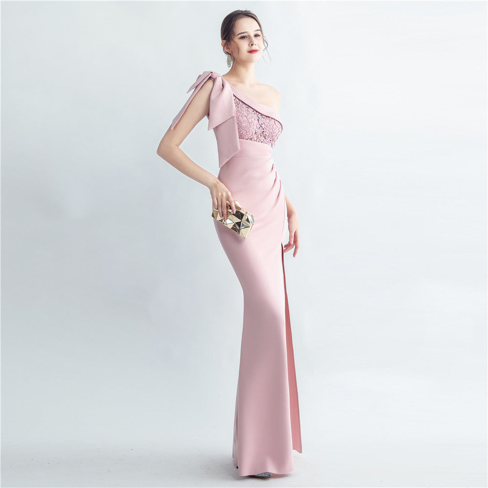 Evening dress for women 2025, high-end celebrity, one-shoulder, side slit, annual meeting dress