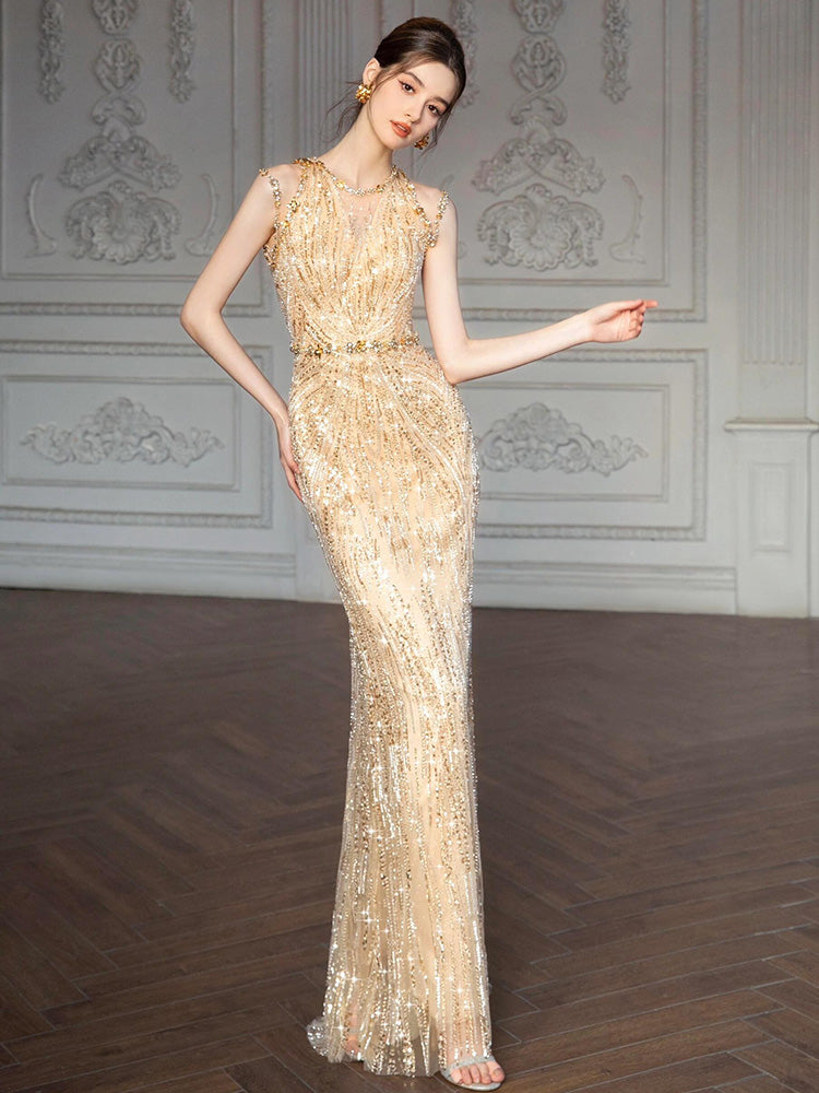 Gold Sequined Fishtail Evening Dress for Banquet, Engagement, and Bride