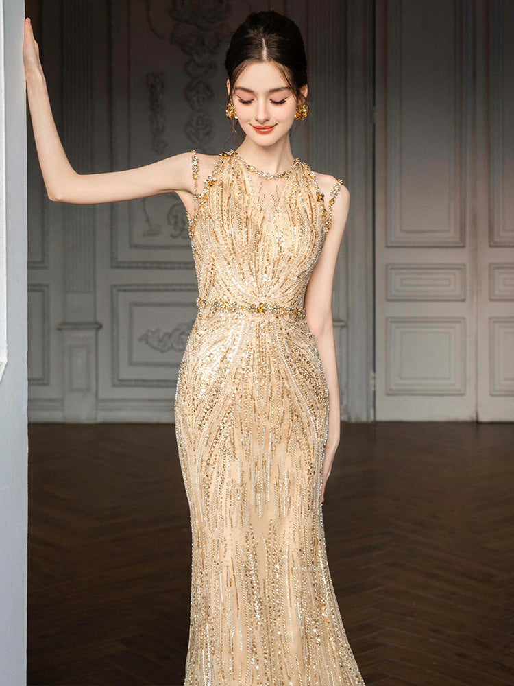 Gold Sequined Fishtail Evening Dress for Banquet, Engagement, and Bride
