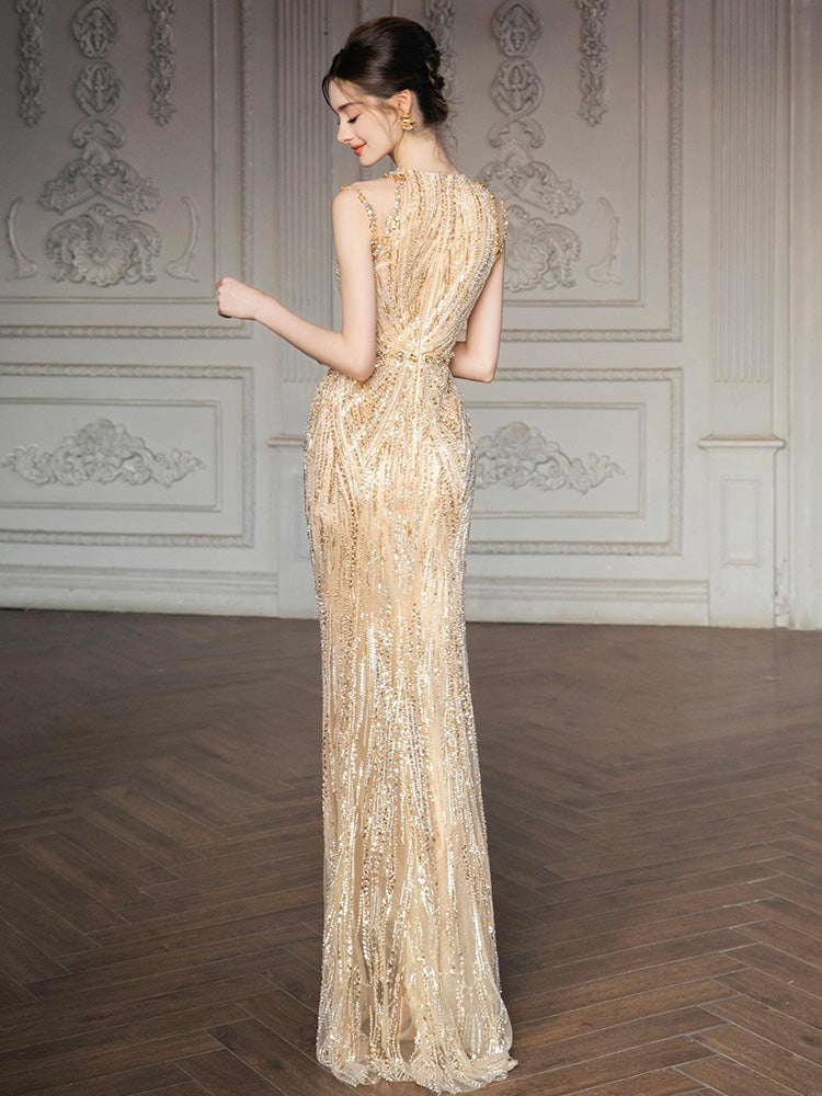 Gold Sequined Fishtail Evening Dress for Banquet, Engagement, and Bride