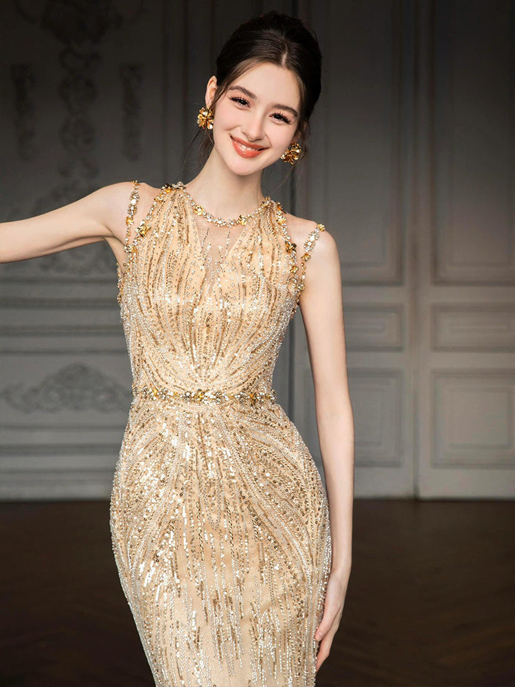 Gold Sequined Fishtail Evening Dress for Banquet, Engagement, and Bride