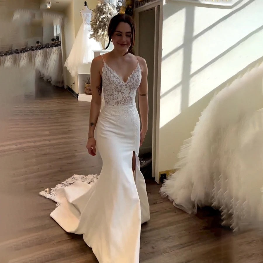Strapless Fishtail Wedding Dress, Slim Fit French Satin Lace, Elegant Travel Photography Gown