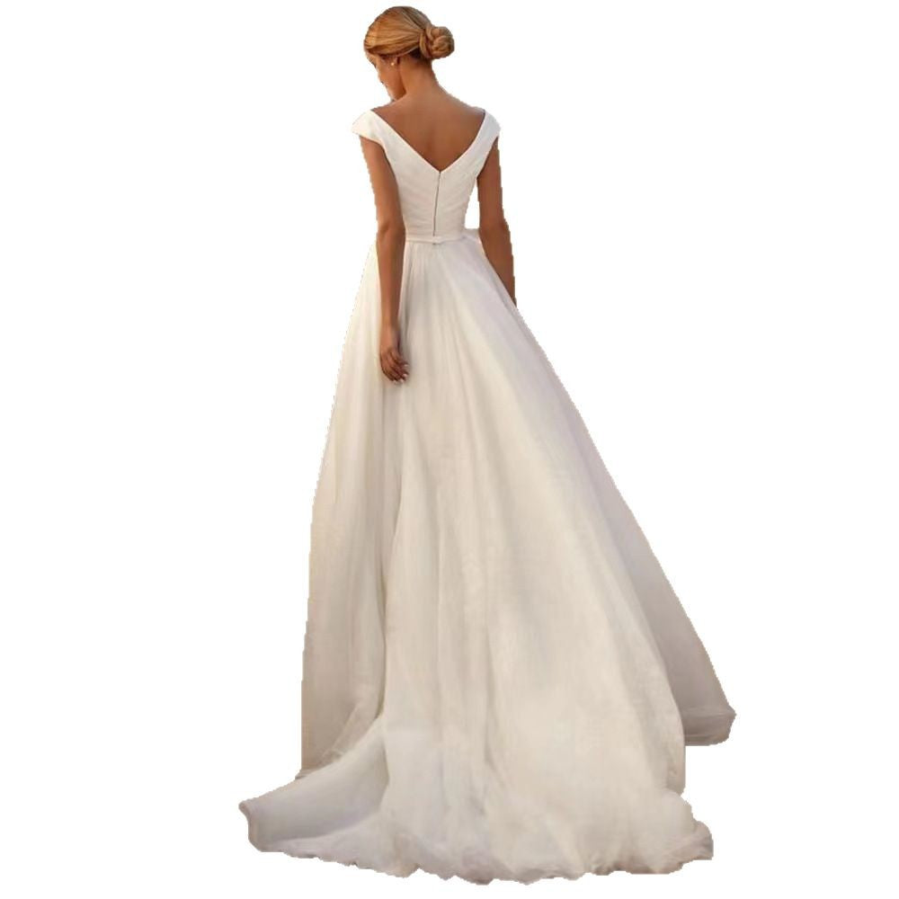 2025 Double-Shoulder Satin Princess Wedding Dress with Puffy Skirt and Small Tail