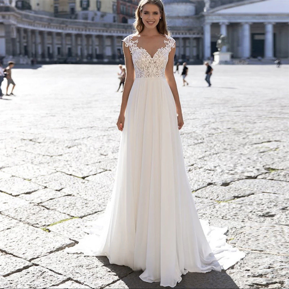 2025 European-American V-Neck Long Sleeve A-Line Chiffon Wedding Dress for Summer
