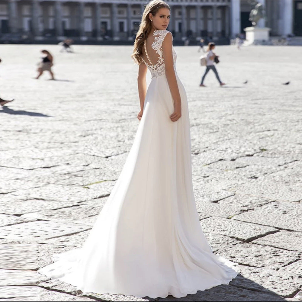 2025 European-American V-Neck Long Sleeve A-Line Chiffon Wedding Dress for Summer