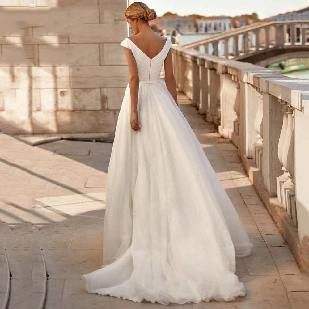 2025 Double-Shoulder Satin Princess Wedding Dress with Puffy Skirt and Small Tail